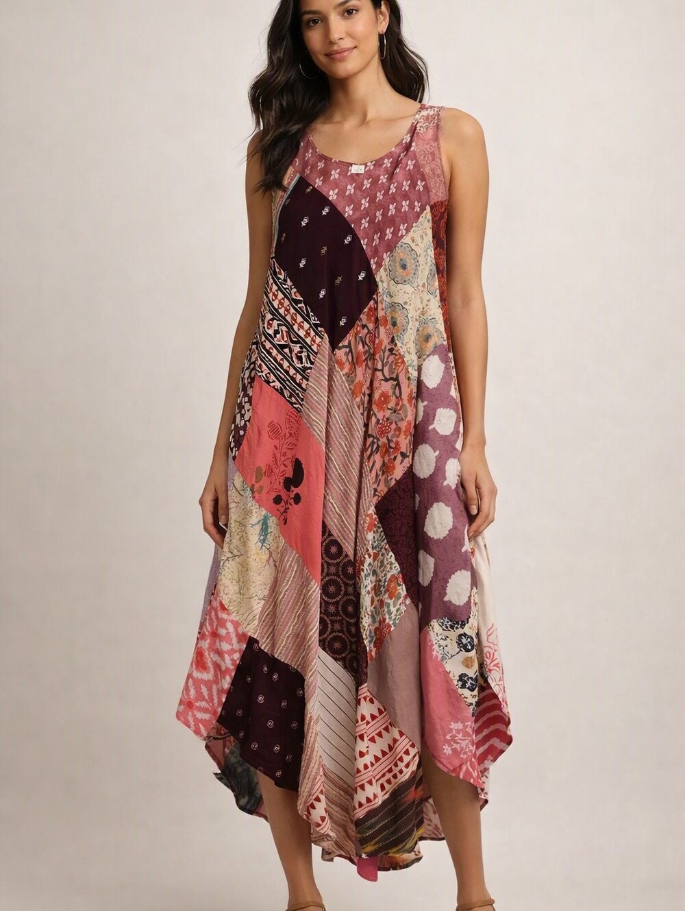 India Boutique Pink Multi Patchwork Asymetric Maxi Dress